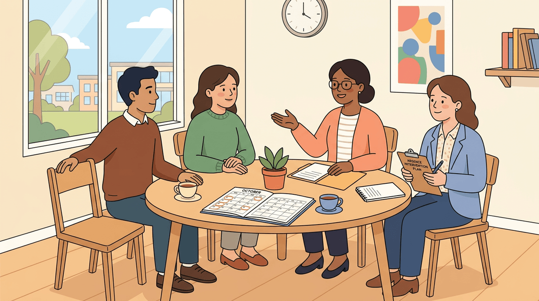 Teacher, counselor, and parents discuss a child's absence pattern at a round table with a calendar showing circled Mondays.