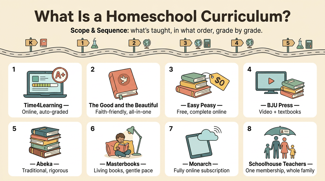 An educational illustration on homeschooling curriculum, showing a