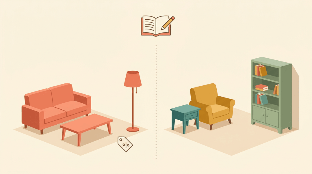 A split-composition scene metaphorically compares furniture choices to homeschooling: matching furniture on the left, mismatched on the right.
