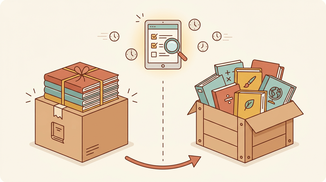 A tidy box of workbooks and a diverse pile of learning materials point to a glowing digital planner with a checklist.