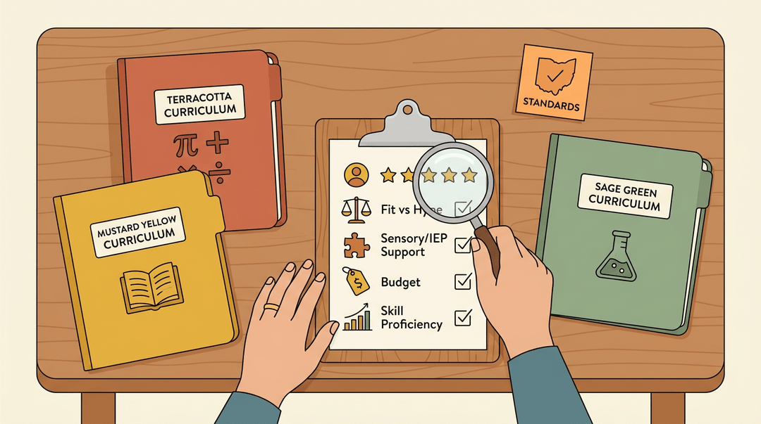 A top-down illustration of a parent comparing three colorful homeschool curriculum options on a wooden table.