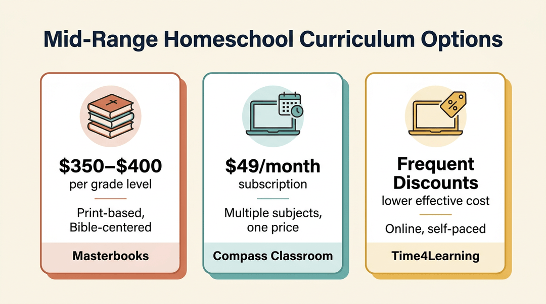 Three comparison cards highlight mid-range homeschool curriculum options, detailing pricing, format, and key features.