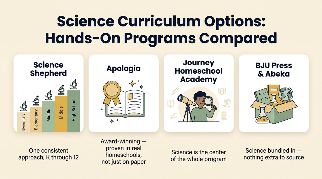 An infographic compares four science curricula with icons: consistent K-12, award-winning, science-focused, and bundled programs.