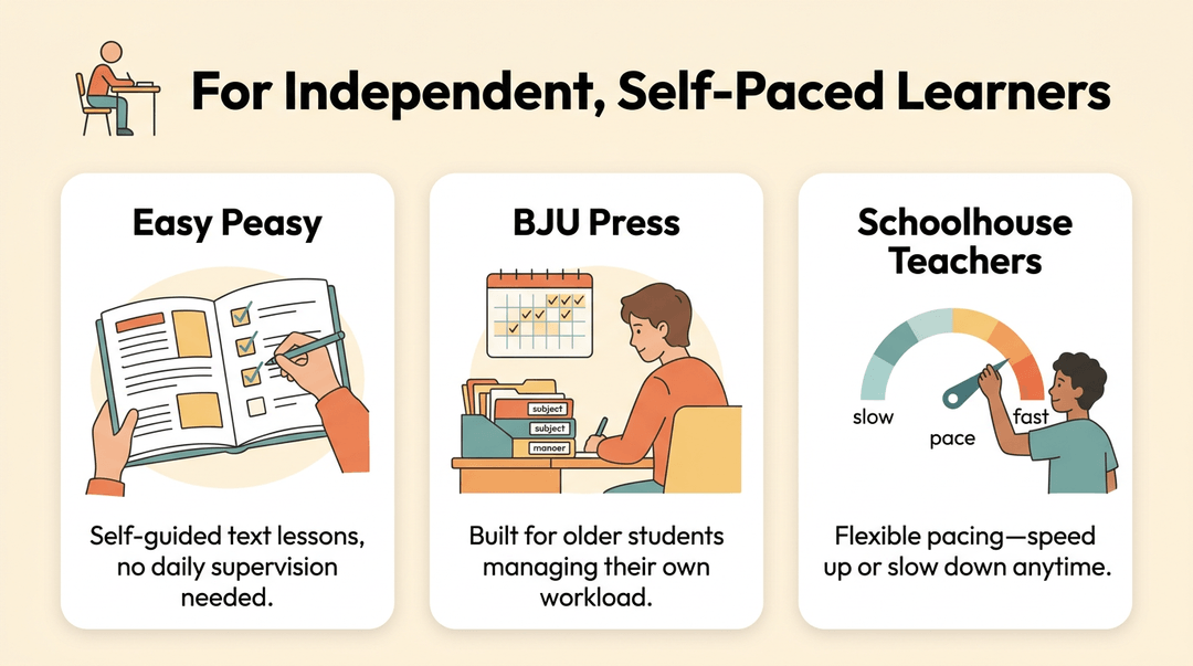 Three cards describe independent learning: text lessons, managing workload, and flexible pacing, all for self-paced students.