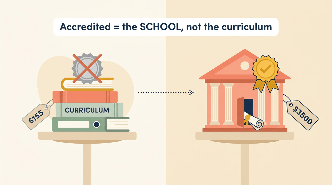 An infographic shows that accreditation applies to a school, not curriculum, with a crossed-out seal on books and a gold seal on a school building.