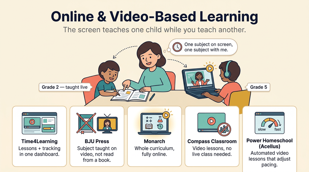 An infographic shows a mom teaching one child live and the other learning from a laptop, with five online learning platforms explained below.