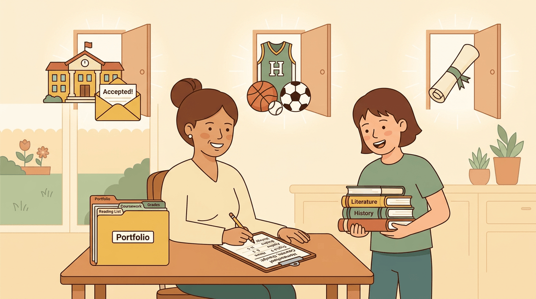 A cheerful parent and smiling teen homeschool student at a kitchen table with a transcript and portfolio, surrounded by icons of future opportunities.