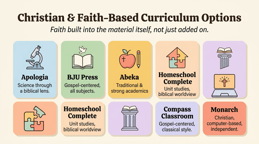A grid of six pastel-colored cards, each detailing a Christian and faith-based curriculum option with an icon and description.