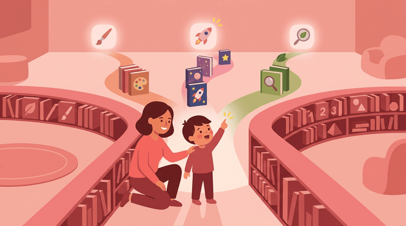 A parent helps a child choose a learning path from diverging book-lined shelves, each leading to a different interest.