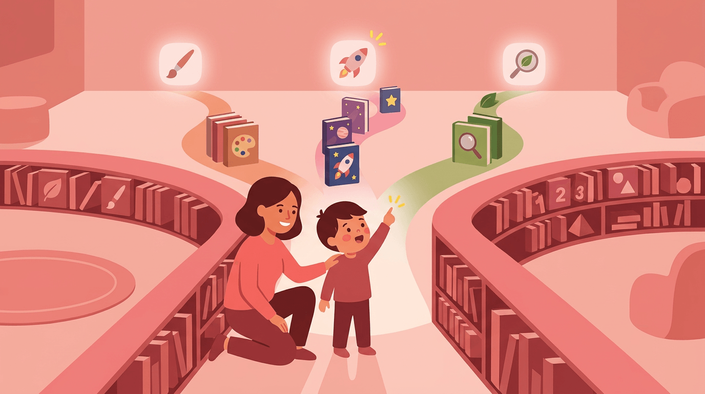 A parent helps a child choose a learning path from diverging book-lined shelves, each leading to a different interest.