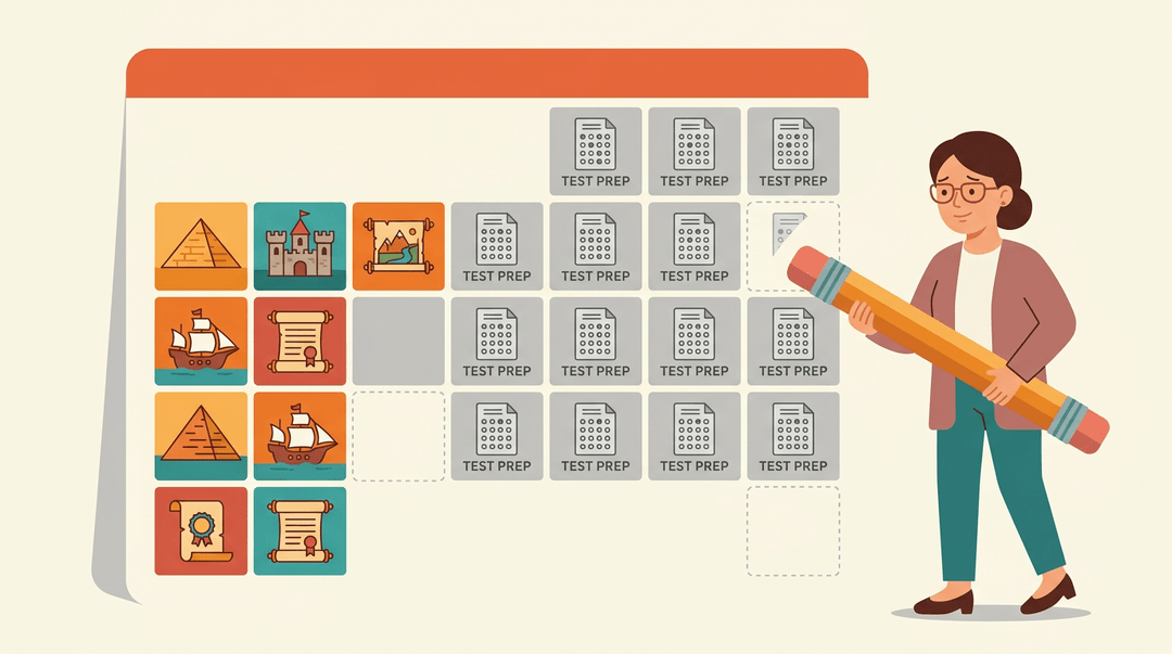 A teacher erases colorful history squares on a calendar, turning them grey for test prep.
