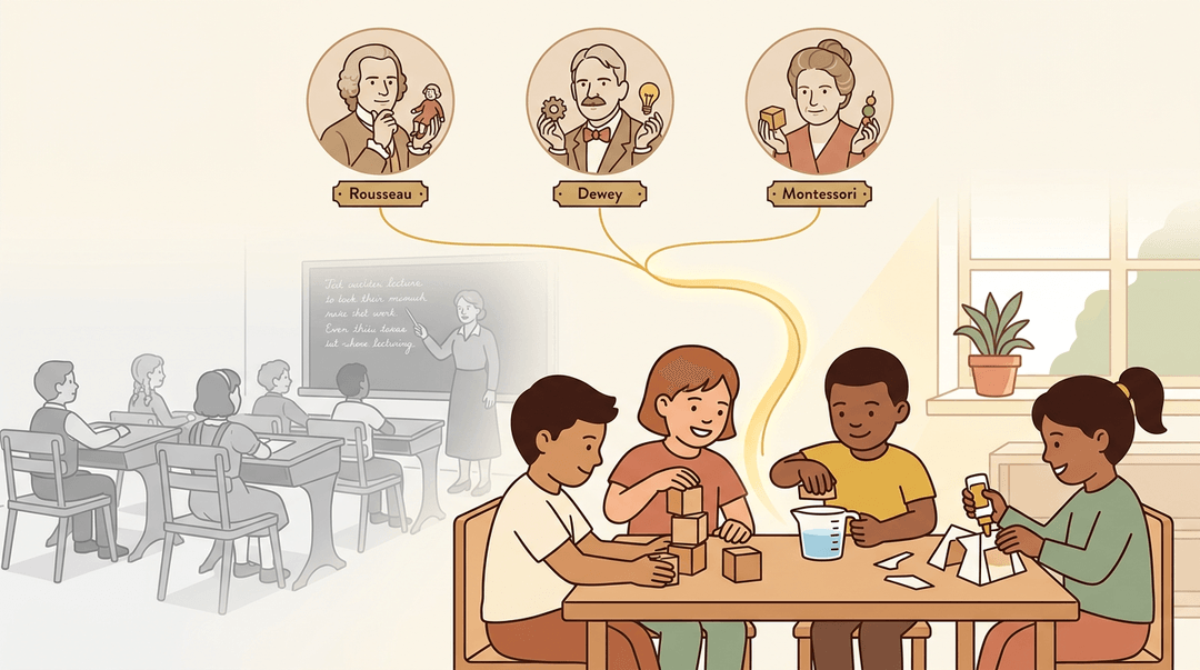 Timeline showing Rousseau, Dewey, and Montessori evolving into a modern classroom where diverse children engage in joyful hands-on learning.