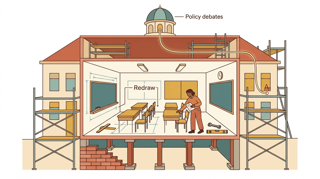A cutaway illustration shows a school building being renovated, revealing policy debates, classroom redesigns, and foundation reinforcement.