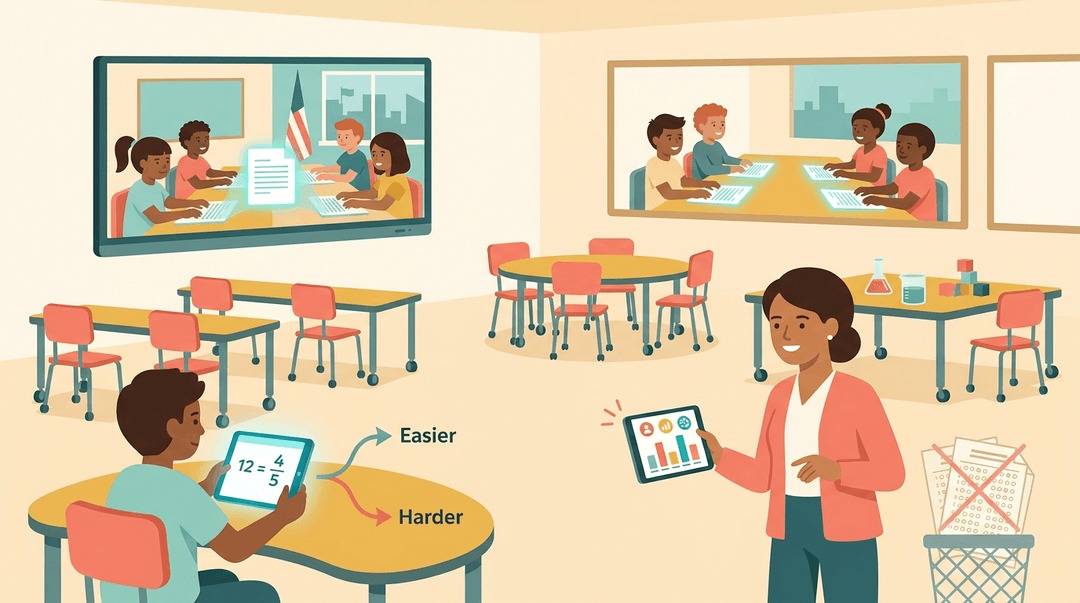 Flexible classroom with reconfigurable zones, a student using adaptive tech, and teachers collaborating remotely via video call.