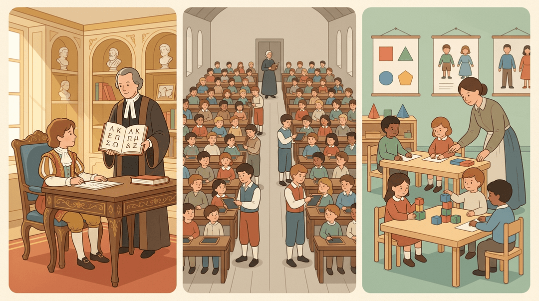 Three panels contrasting historical education: a wealthy tutor, a crowded hall with older students teaching younger ones, and a calm Prussian-style classroom.