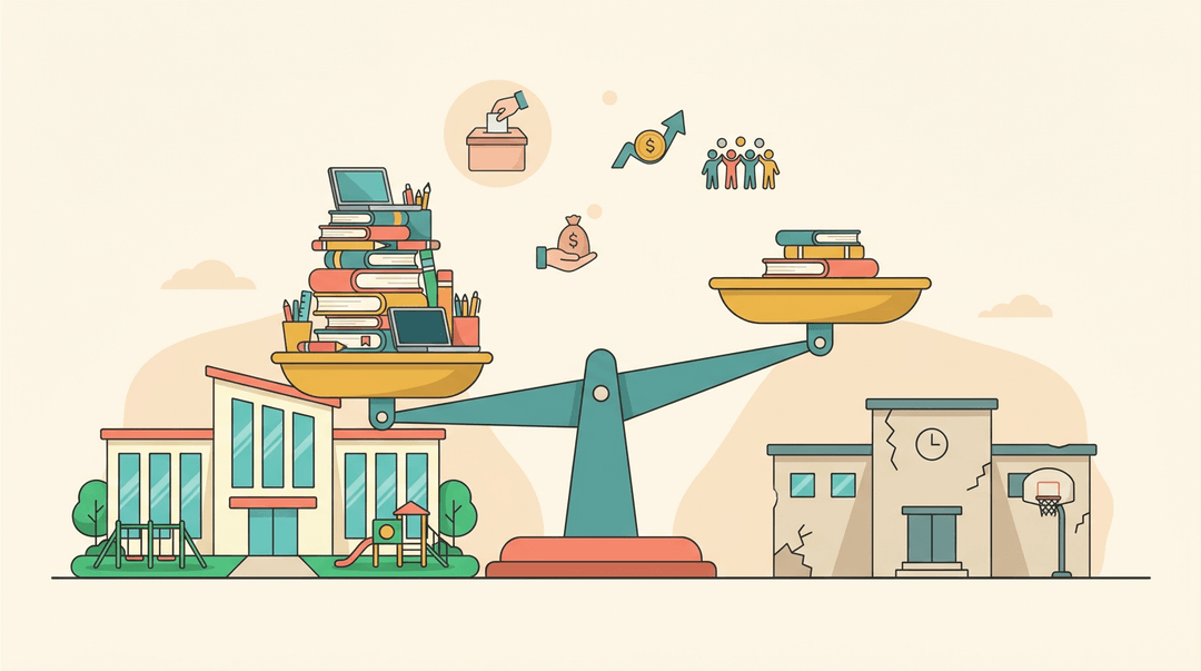 A balance scale compares a well-resourced school with modern supplies to an underfunded one, highlighting the educational opportunity gap.