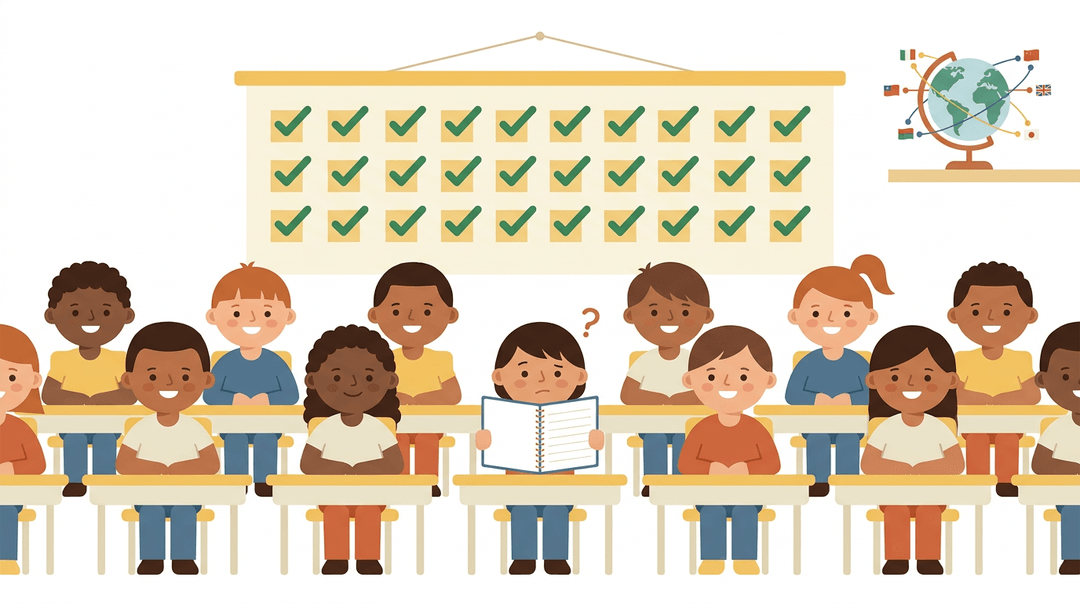 Diverse students sit at desks with attendance checkmarks above, while one child looks confused by an empty notebook.