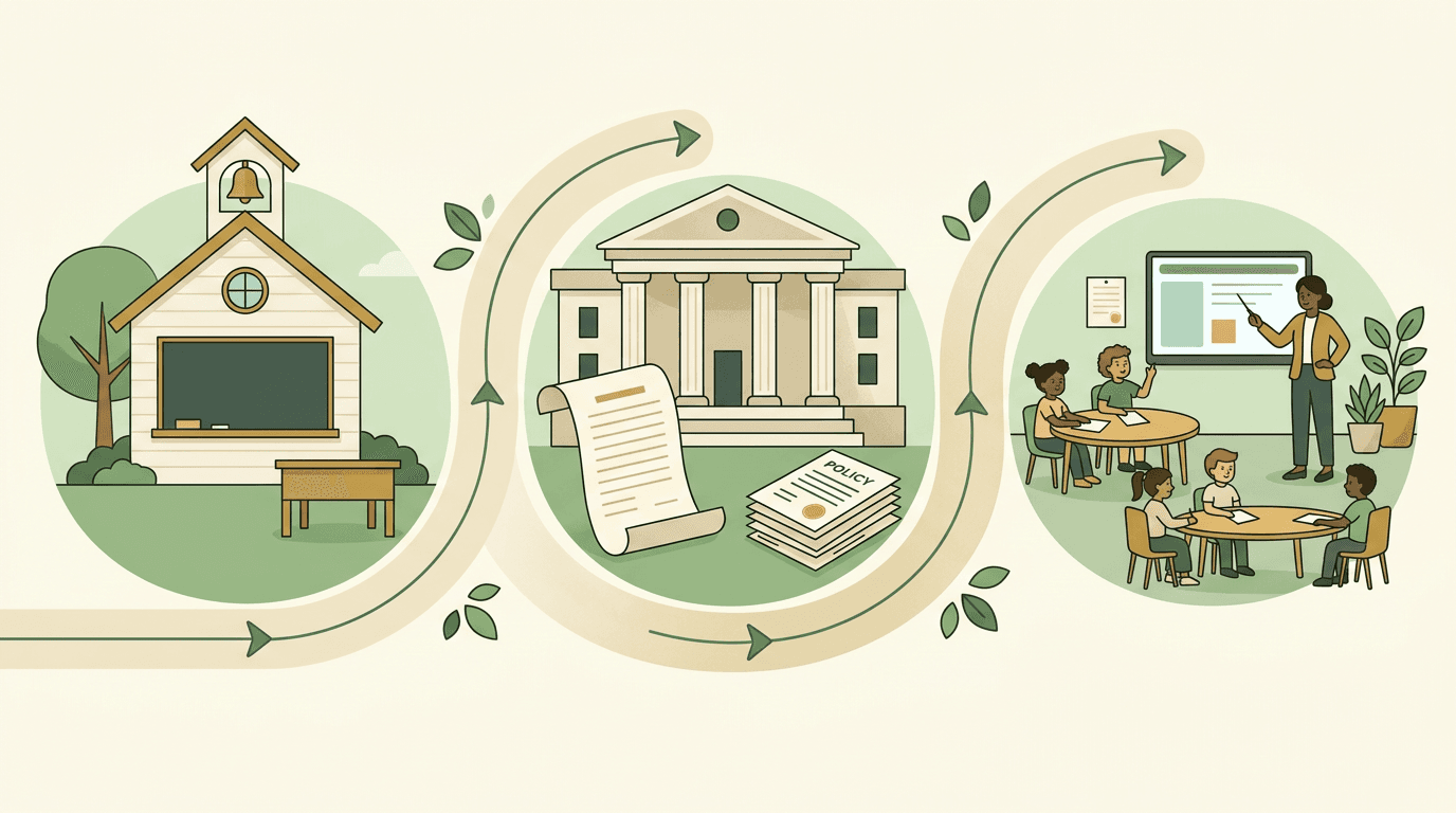 A winding path connects a vintage schoolhouse, a policy building, and a modern classroom, symbolizing the evolution of education reform.