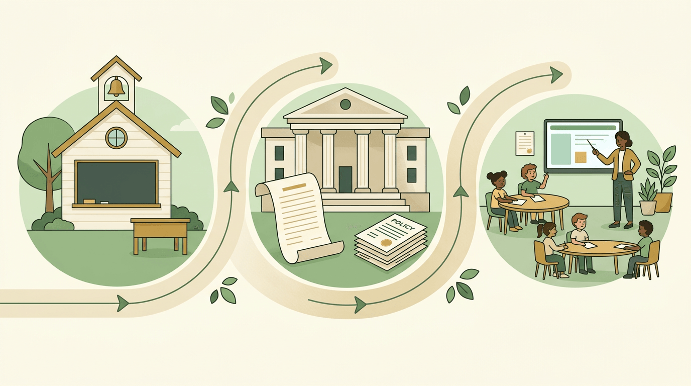 A winding path connects a vintage schoolhouse, a policy building, and a modern classroom, symbolizing the evolution of education reform.