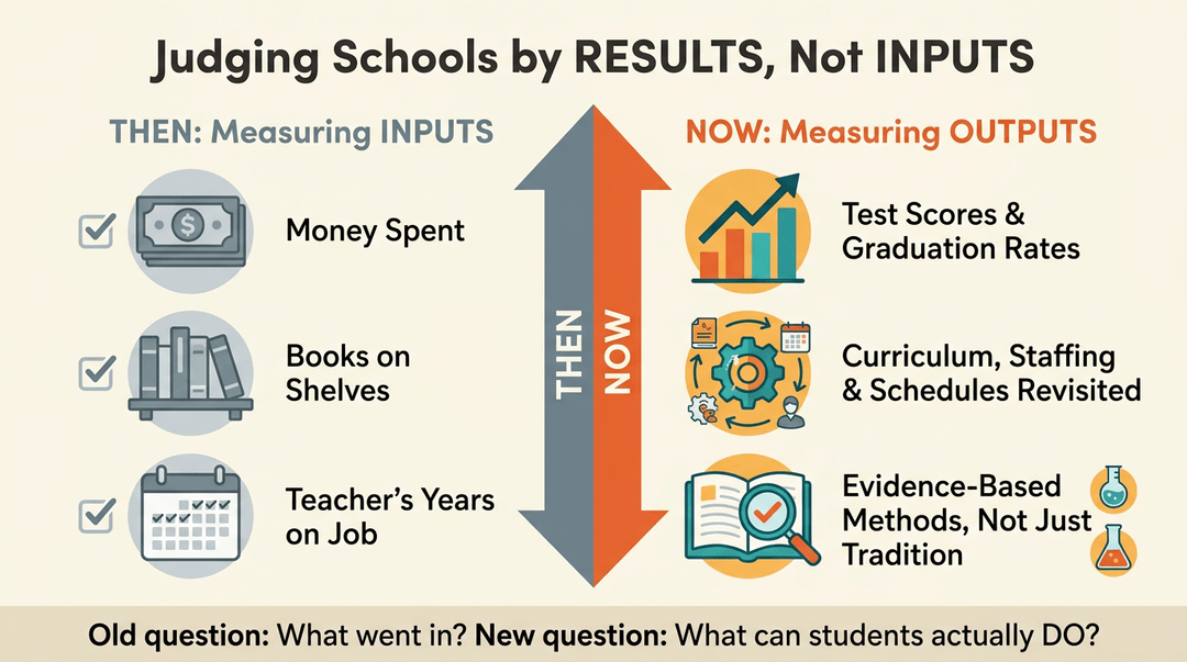 Contrast between counting school inputs like money and books versus measuring student outputs like test scores and graduation rates.