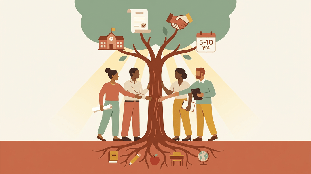 Diverse teachers nurture a tree with roots shaped like school items, symbolizing grassroots reform growing into policy.