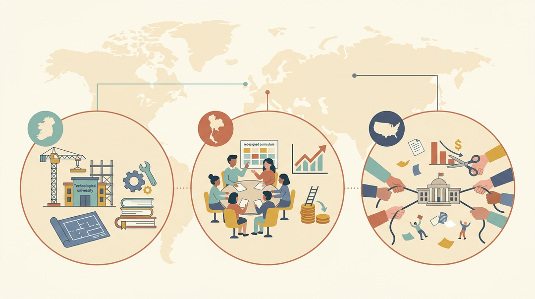 A world map connects panels showing Irish university training, Thai teacher collaboration reducing poverty, and US political chaos.