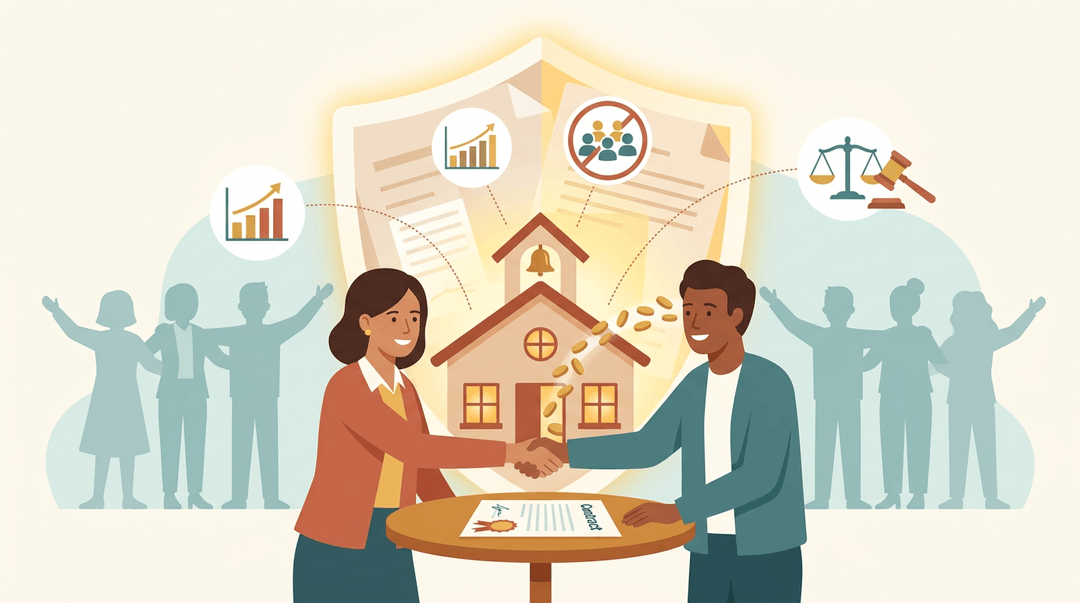 A teacher and union rep shake hands over a contract under a protective shield, surrounded by icons representing pay, class size, due process, and funding.