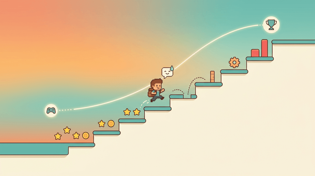 Pixel character climbs a rising staircase of platforms, overcoming gentle obstacles to reach a trophy, symbolizing steady progress and achievable challenge.