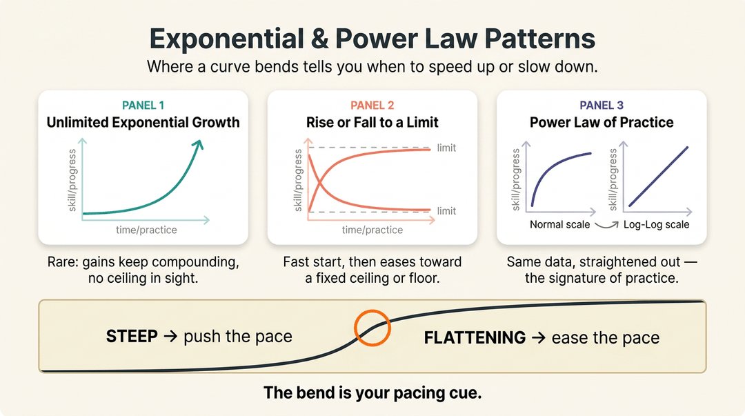 Infographic comparing exponential, limit, and power law learning curves to help teachers adjust pacing based on progress.