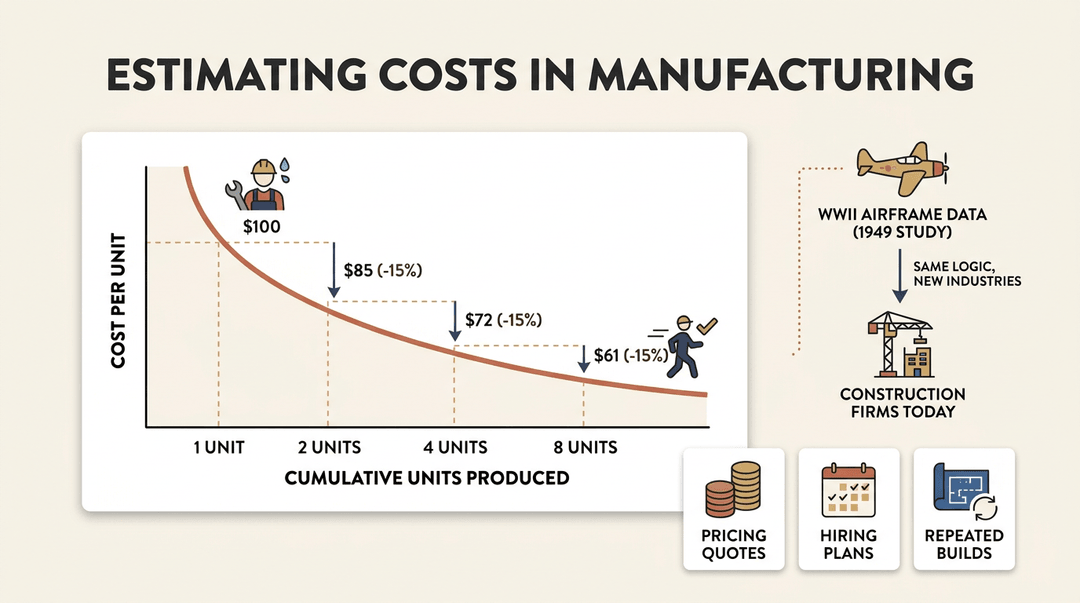 Chart showing manufacturing cost drops as production doubles, with icons illustrating efficiency gains and applications in pricing and hiring.