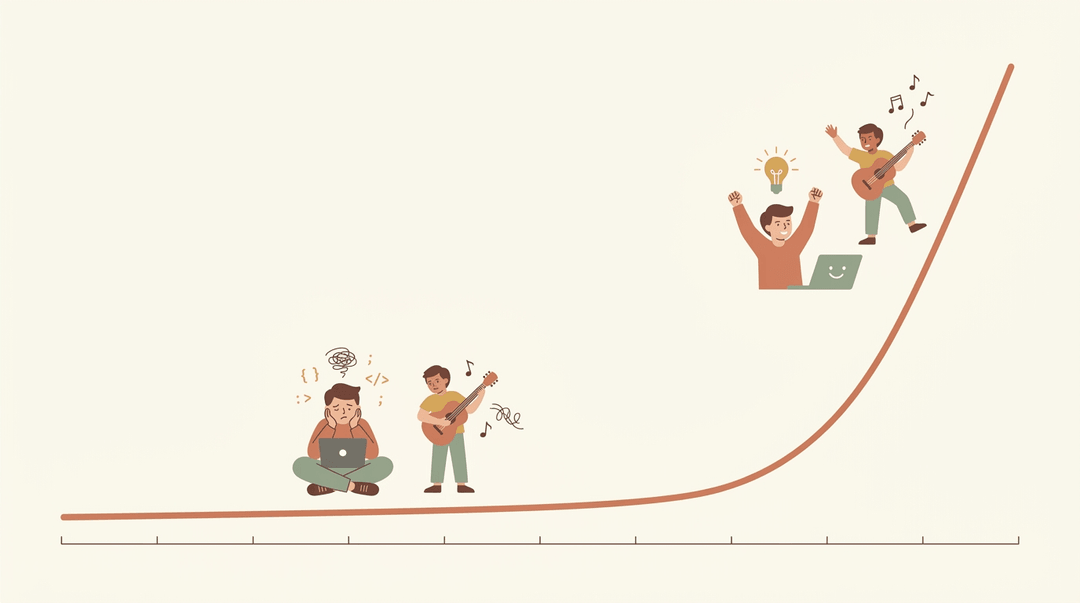 A line graph shows slow struggle turning into a breakthrough, with confused students becoming joyful and triumphant as their progress rises.