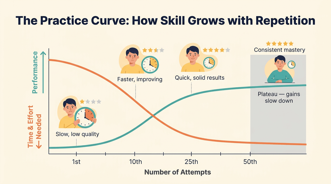 Infographic showing performance rising and effort falling over attempts, crossing at a plateau of consistent mastery.