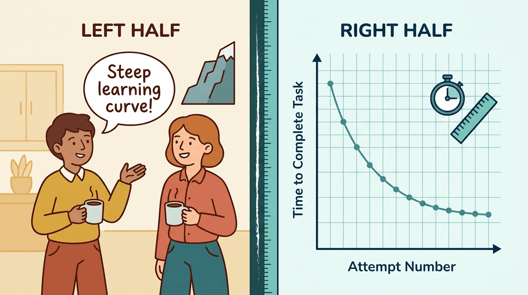 Split image contrasting a casual staff room chat about difficulty with a precise graph measuring task completion time.
