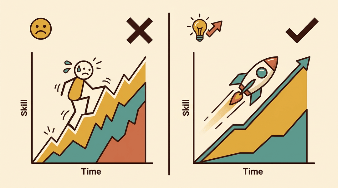 Graph shows climbing a steep slope as struggle versus rocketing up for rapid progress, correcting the misconception of difficulty.