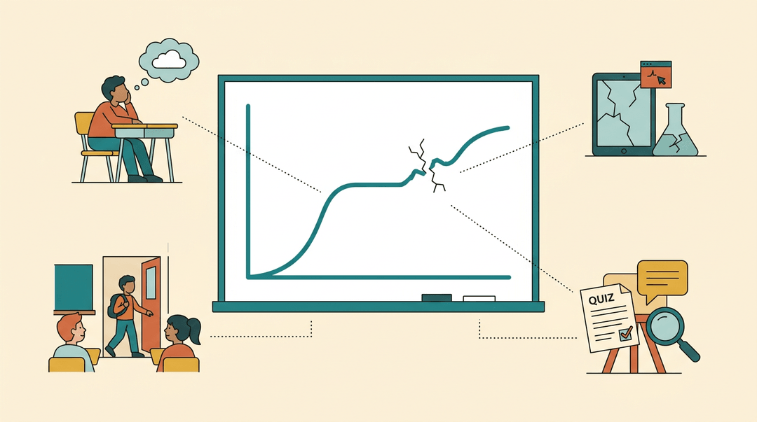 A learning curve graph wobbles while icons show student motivation, tech issues, and new arrivals, supported by evidence.
