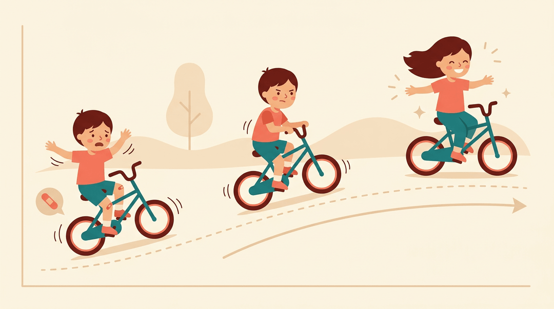 Three vignettes show a child learning to bike: falling, wobbling, then riding triumphantly with no hands.