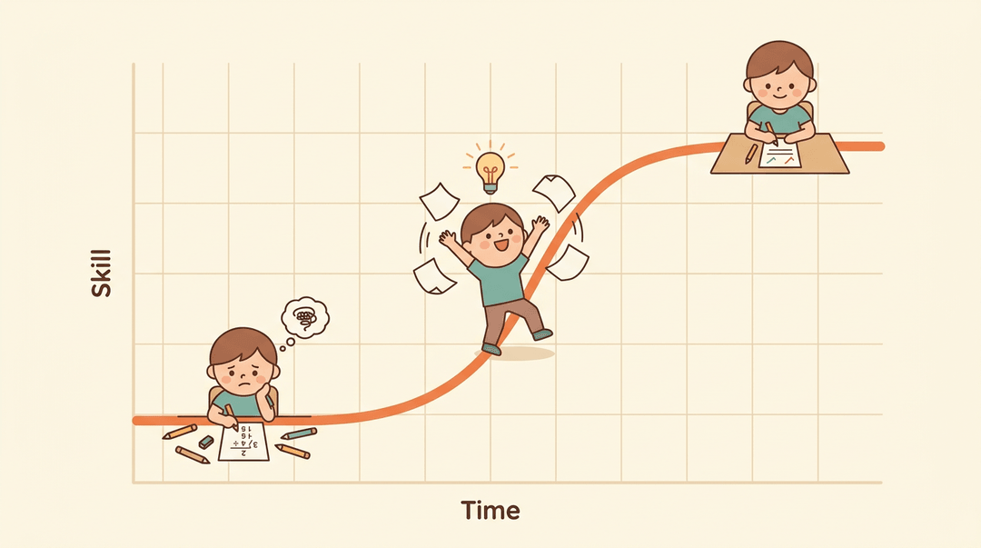 Sigmoid learning curve showing a student's journey from confusion to mastery over time.