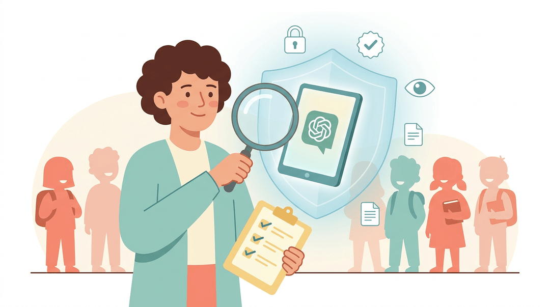 A teacher inspects an AI tool with a magnifying glass while a protective shield keeps students safe.