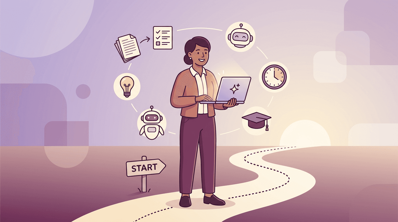 A teacher stands on a path with AI icons, symbolizing an empowering journey into using technology.