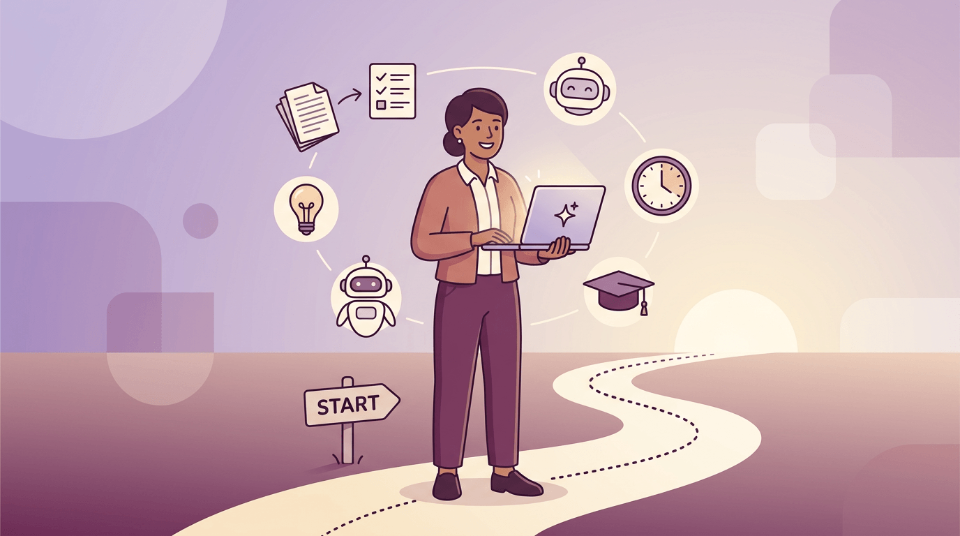 A teacher stands on a path with AI icons, symbolizing an empowering journey into using technology.