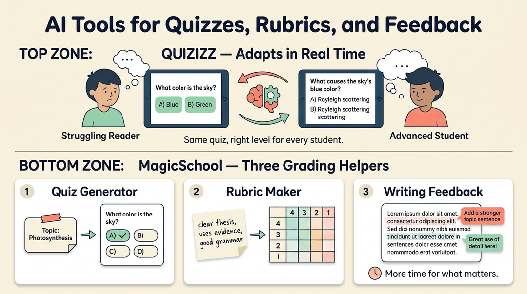 Infographic showing AI tools for adaptive quizzes and grading helpers like rubric makers and feedback generators.