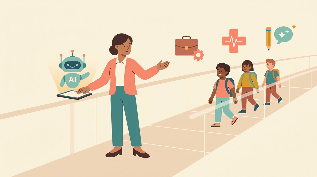 A teacher guides students across a bridge to AI-enhanced careers, symbolizing confident preparation for the future.