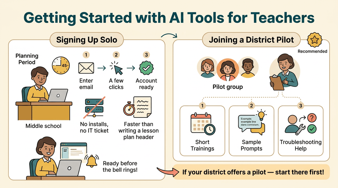 Comparison of solo AI signup versus district pilot, recommending the latter for training and support.