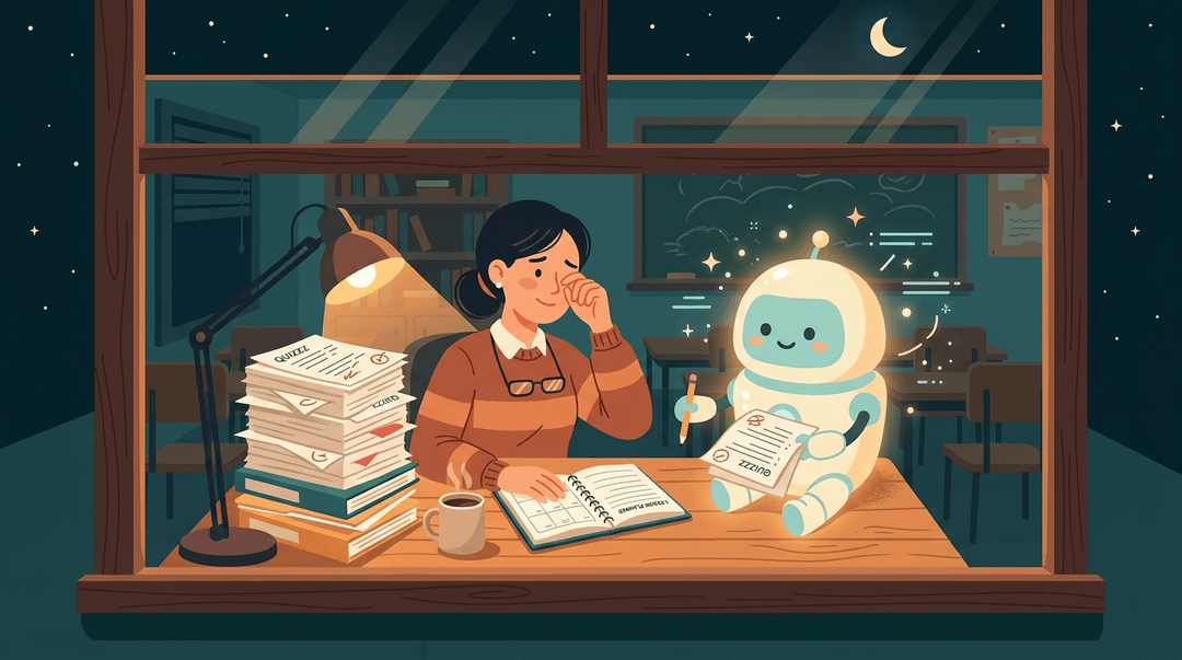 A tired teacher at a desk is assisted by a friendly glowing robot sorting papers under a warm lamp.