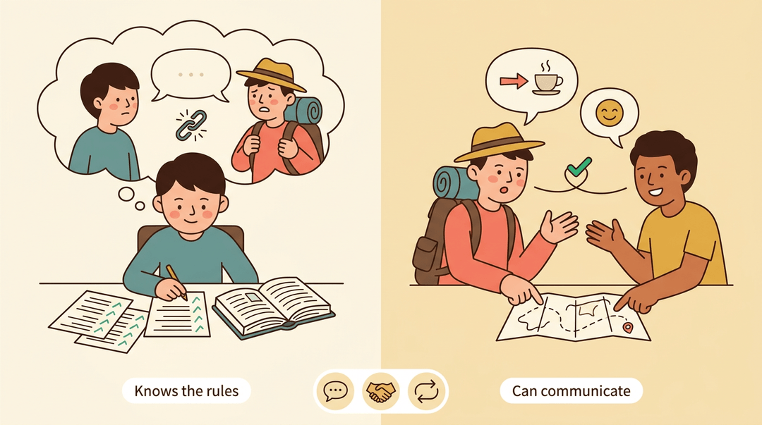 Contrasting panels show a student knowing grammar rules versus travelers communicating successfully, bridged by icons for speech and connection.