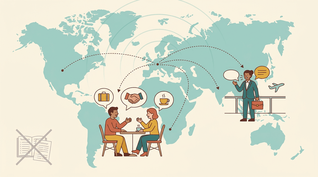 A flat vector illustration shows communication spreading globally from Europe, contrasting modern conversation with outdated rote learning methods.