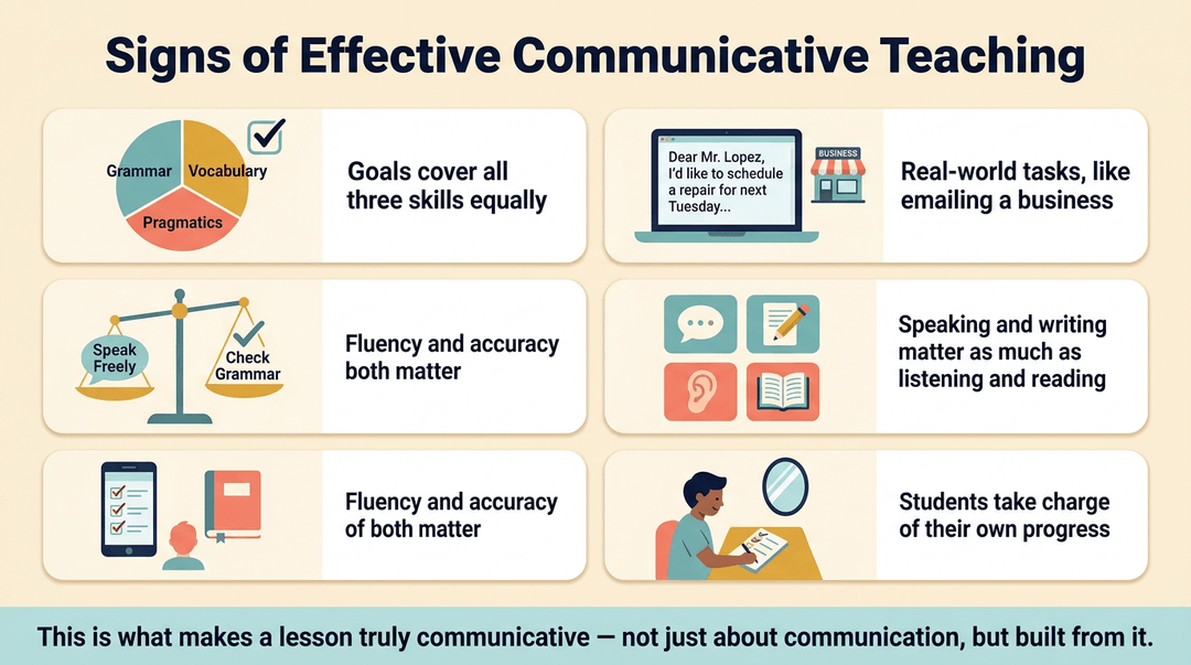 Infographic listing five signs of effective communicative teaching, including balanced skills and real-world tasks.