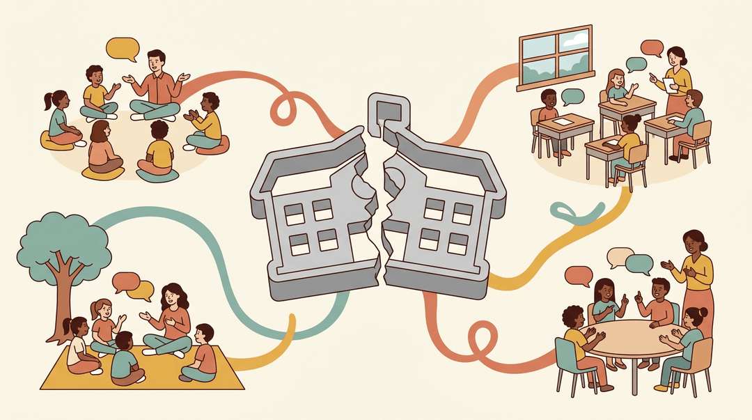 A broken rigid mold reveals diverse, flexible classroom setups with teachers and students communicating actively.