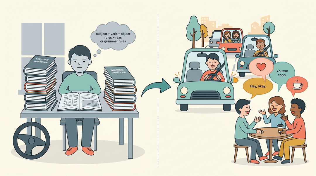 A split image contrasts isolated grammar study with active, joyful real-world conversation and driving confidence.