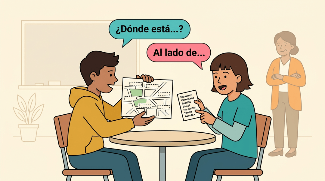 Two students collaborate on a map activity with Spanish phrases while a teacher observes quietly in the background.